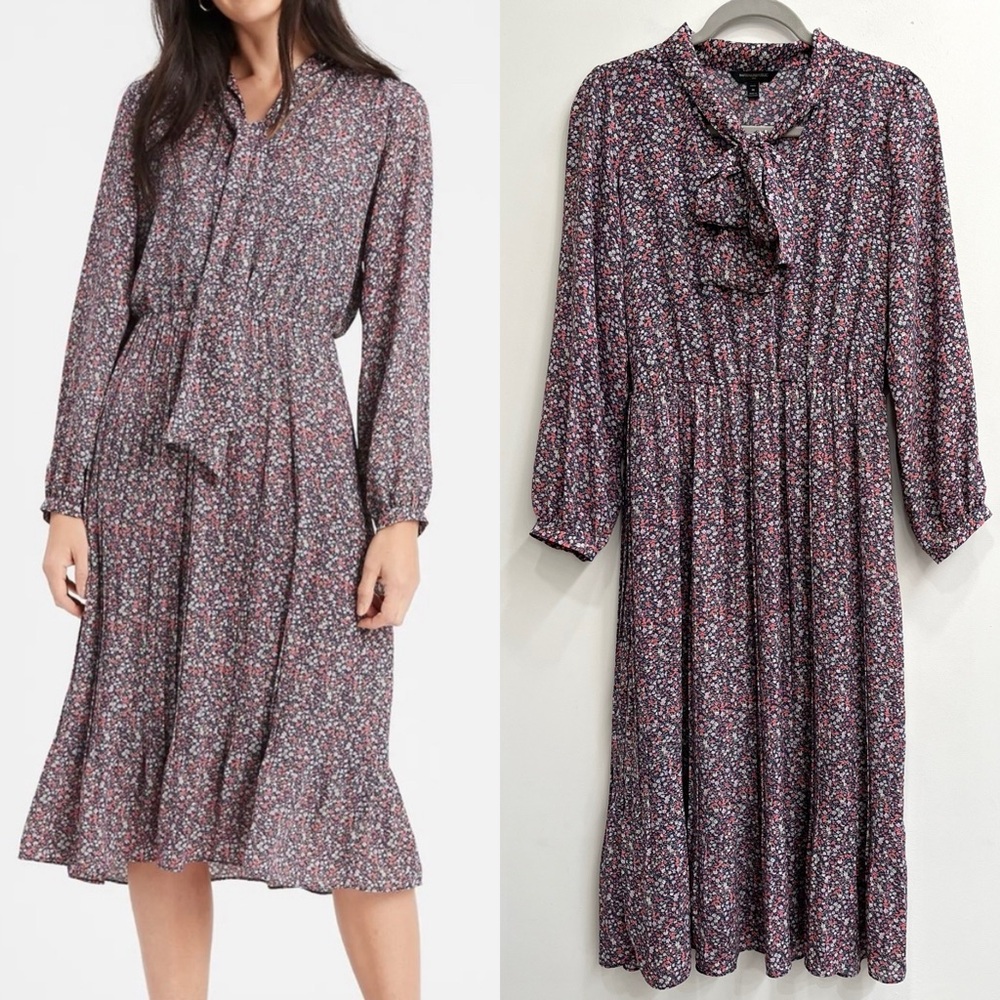 Banana Republic Tie Neck Pleated Midi Dress Ditsy Floral Pink Blue modest MP